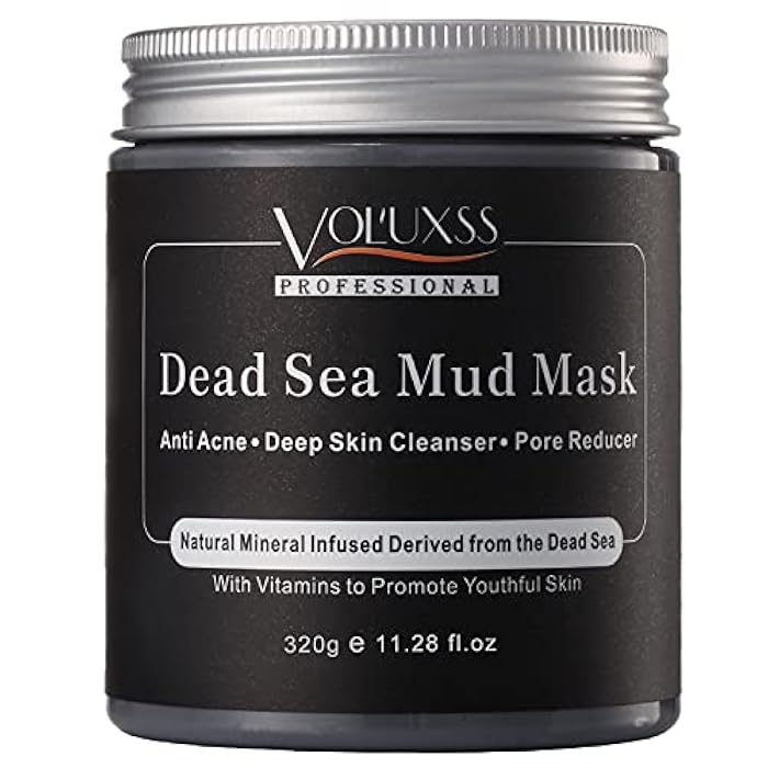 Voluxss قناع طين البحر الميت للوجه والجسم، قناع تنظيف عميق للوجه لحب الشباب، مصغر للمسام، مزيل للرؤوس السوداء بالفحم للعناية بالبشرة، قناع طيني لمنتجع صحي للوجه للنساء والرجال 11.28 أونصة سائلة - Image 1