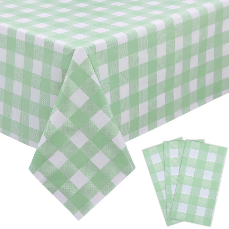 Kesfey 3 Packs Sage Green Gingham Tablecloth Sage Green and White Checkered Table Cloths 54 x 108 Inches Disposable Plastic Gingham Tablecovers Waterproof Picnic Camping Table Covers for Baby Shower - Image 1