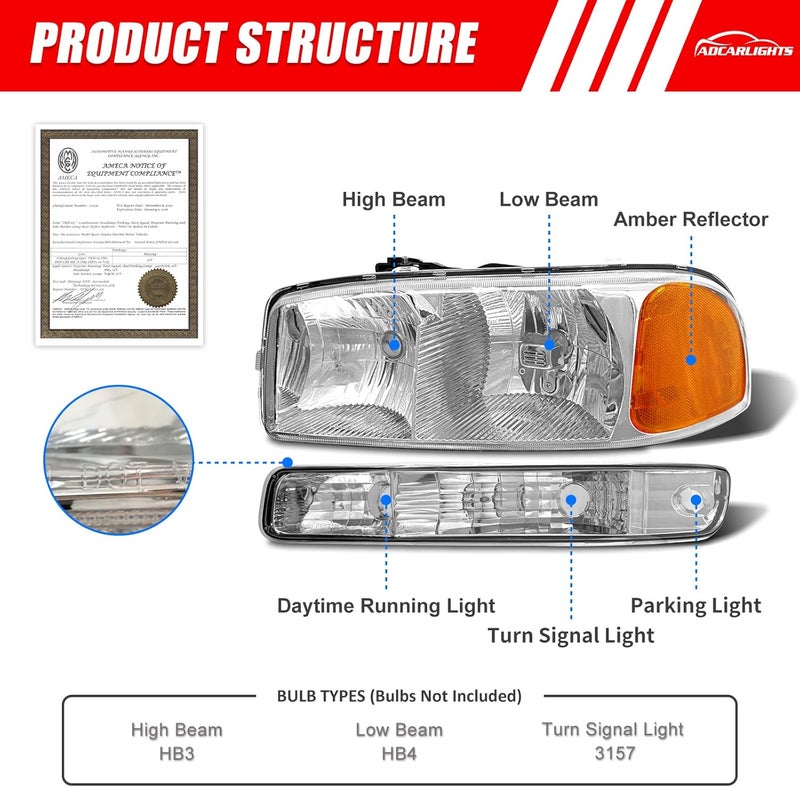 ADCARLIGHTS Headlight Assembly for 1999-2006 GMC Sierra and Yukon - Image 4