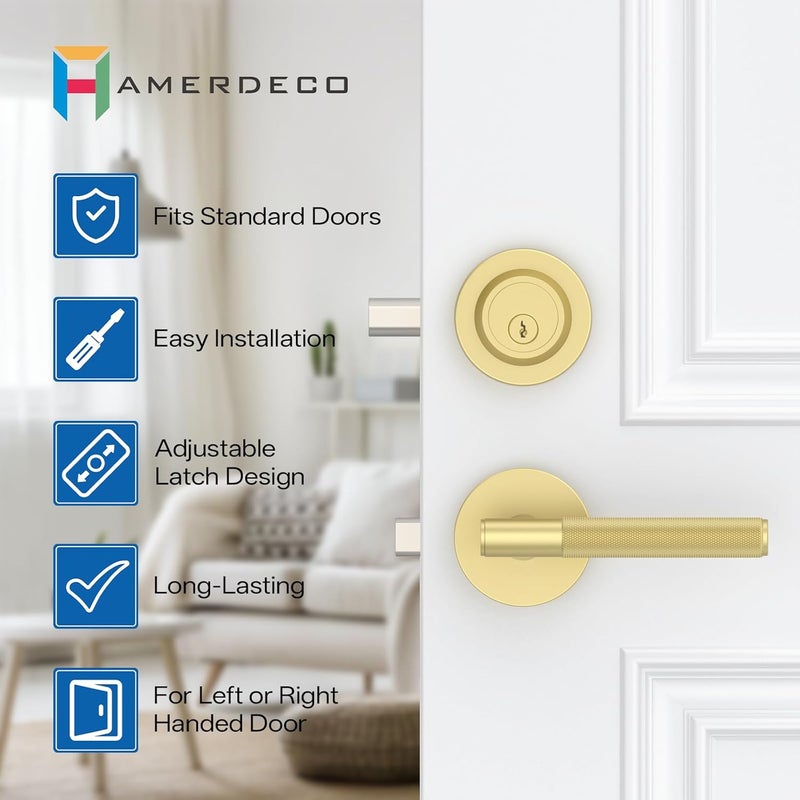 Amerdeco Front Door Lock Set with Double Cylinder Deadbolt, Exterior Entry Door Lever, Heavy Duty Entry Door Locksets for Left or Right Hand Exterior Door（Brushed Gold 1 Pack） - Image 5