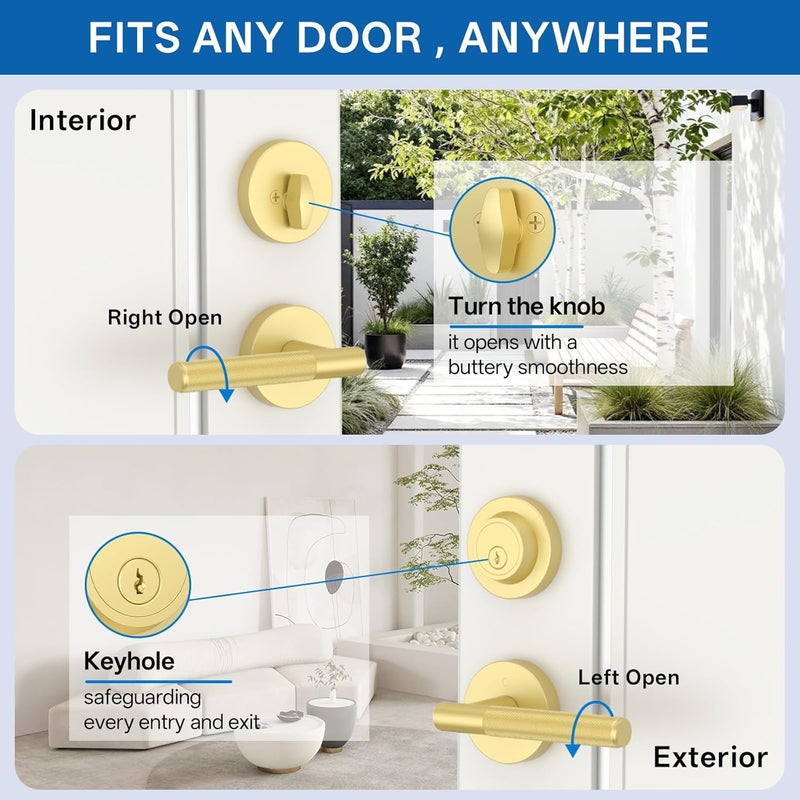 Amerdeco Front Door Lock Set with Double Cylinder Deadbolt, Exterior Entry Door Lever, Heavy Duty Entry Door Locksets for Left or Right Hand Exterior Door（Brushed Gold 1 Pack） - Image 4