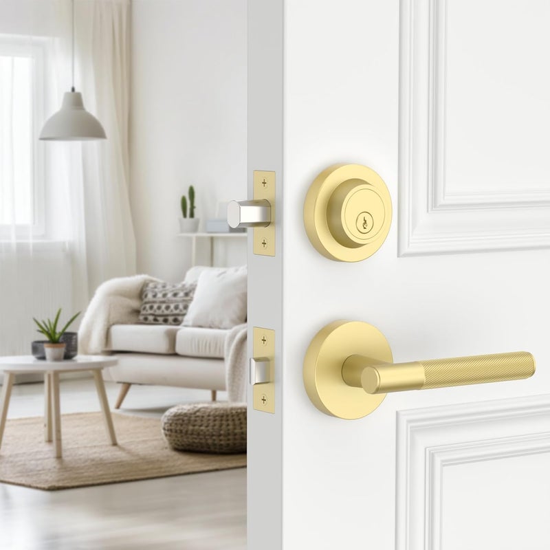 Amerdeco Front Door Lock Set with Double Cylinder Deadbolt, Exterior Entry Door Lever, Heavy Duty Entry Door Locksets for Left or Right Hand Exterior Door（Brushed Gold 1 Pack） - Image 1