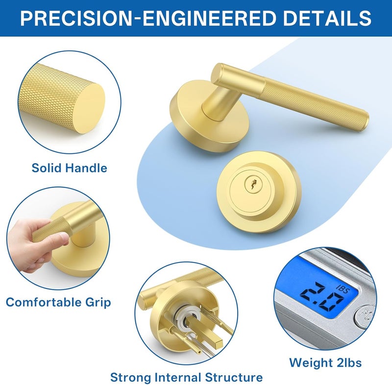 Amerdeco Front Door Lock Set with Double Cylinder Deadbolt, Exterior Entry Door Lever, Heavy Duty Entry Door Locksets for Left or Right Hand Exterior Door（Brushed Gold 1 Pack） - Image 3