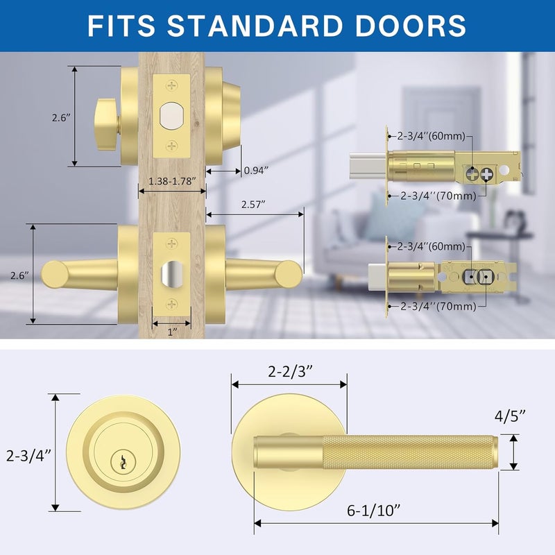Amerdeco Front Door Lock Set with Double Cylinder Deadbolt, Exterior Entry Door Lever, Heavy Duty Entry Door Locksets for Left or Right Hand Exterior Door（Brushed Gold 1 Pack） - Image 2