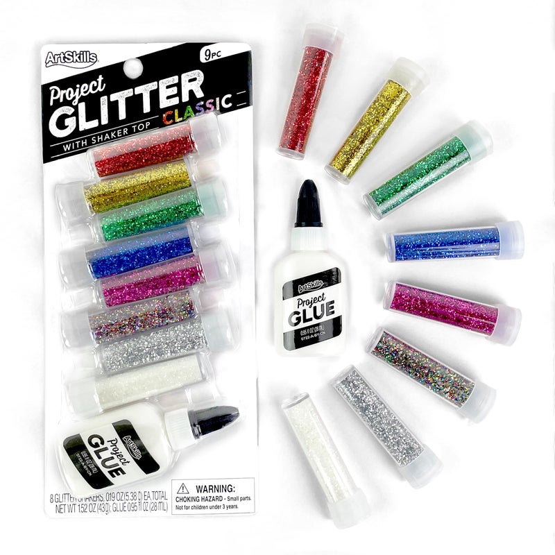 ArtSkills UltraFine and Bright Glitter Shakers and Craft Glue Arts and Crafts Supplies Classic Colors 9 Pieces
