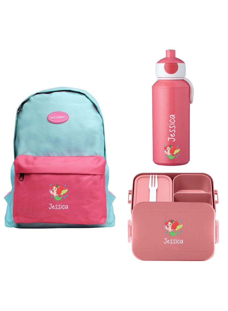 Share the Love 3-Pieces Backpack Bundle Mermaid Design for Kids - Personalised Backpack with Personalised Medium Lunch Box Bag and Water Bottle - Image 2
