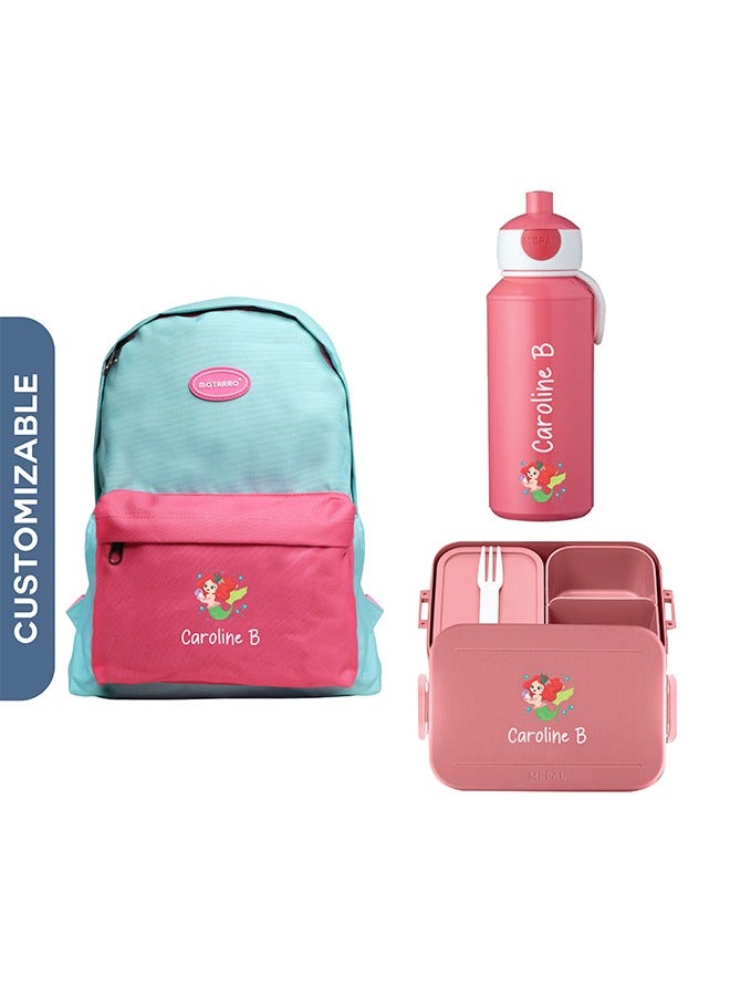 Share the Love 3-Pieces Backpack Bundle Mermaid Design for Kids - Personalised Backpack with Personalised Medium Lunch Box Bag and Water Bottle - Image 1