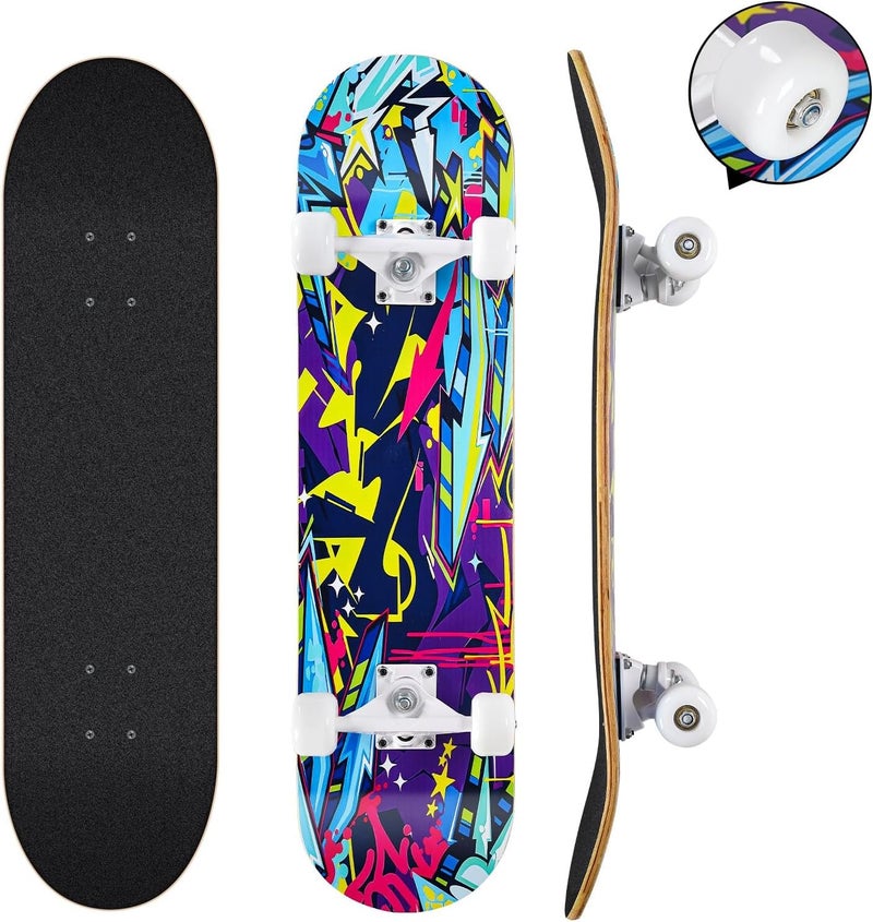 cdsnxore Skateboards for Beginners, 31 x 8 inch Complete Skateboard for Kids Teens Adults, 8 Layer Maple Double Kick Deck Concave Cruiser Trick Skateboard with Multifunction Skate - Image 1