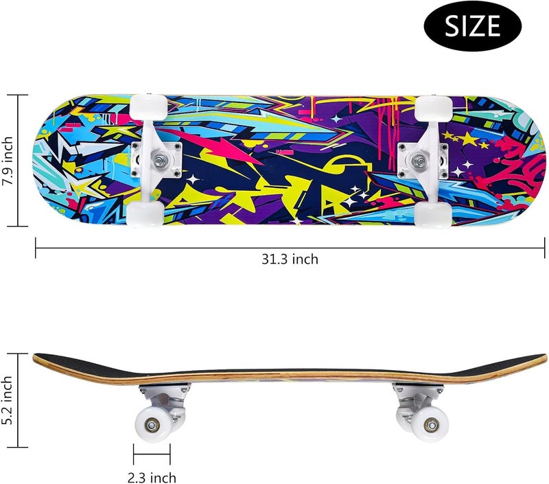 cdsnxore Skateboards for Beginners, 31 x 8 inch Complete Skateboard for Kids Teens Adults, 8 Layer Maple Double Kick Deck Concave Cruiser Trick Skateboard with Multifunction Skate - Image 2