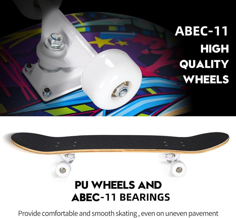 cdsnxore Skateboards for Beginners, 31 x 8 inch Complete Skateboard for Kids Teens Adults, 8 Layer Maple Double Kick Deck Concave Cruiser Trick Skateboard with Multifunction Skate - Image 4