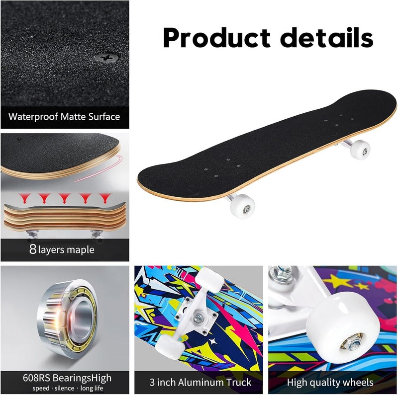 cdsnxore Skateboards for Beginners, 31 x 8 inch Complete Skateboard for Kids Teens Adults, 8 Layer Maple Double Kick Deck Concave Cruiser Trick Skateboard with Multifunction Skate - Image 3