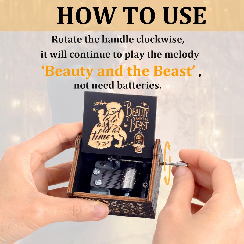BeyHer The Beast Hand Crank Music Box Valentine's Day Gift for Her-, Christmas for Her/Wife (Beast Movie Theme) Come with Blank Greeting Card - Image 3