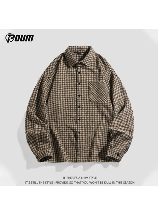 Poum Trendy Plaid Shirt For Men, Autumn And Winter Style, Loose Casual Long-sleeve Shirt Jacket, Cs10 Khaki XL - Image 1