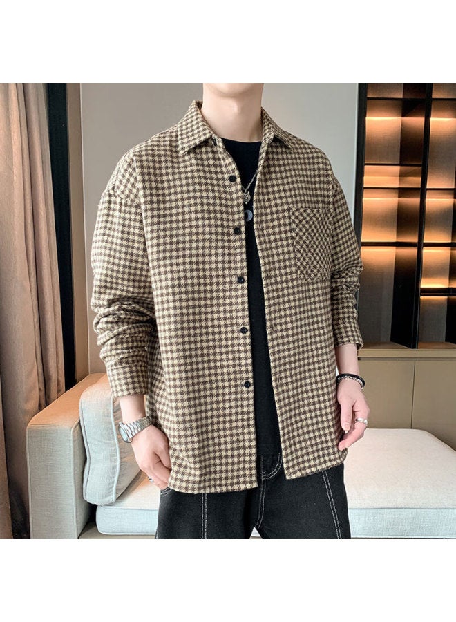 Poum Trendy Plaid Shirt For Men, Autumn And Winter Style, Loose Casual Long-sleeve Shirt Jacket, Cs10 Khaki XL - Image 3