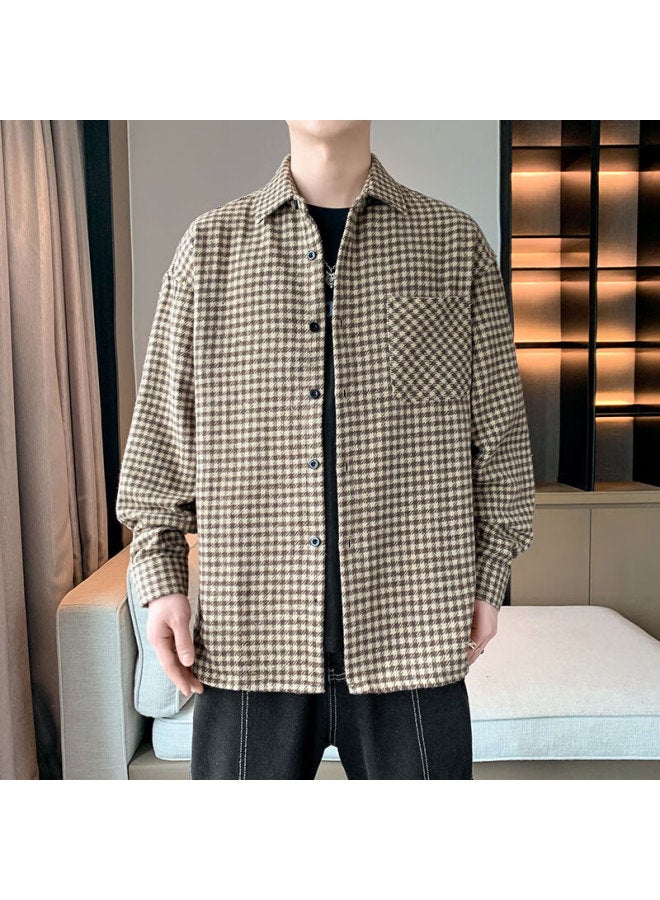 Poum Trendy Plaid Shirt For Men, Autumn And Winter Style, Loose Casual Long-sleeve Shirt Jacket, Cs10 Khaki XL - Image 2