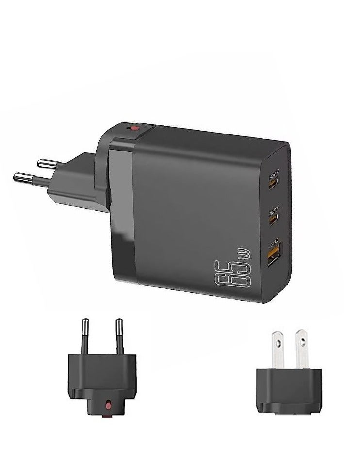 Terabyte محول لابتوب متعدد الاستخدامات 65 واط PD45 واط نوع-C مزدوج + QC3.0 USB مع قابس EU + US أسود - Image 1