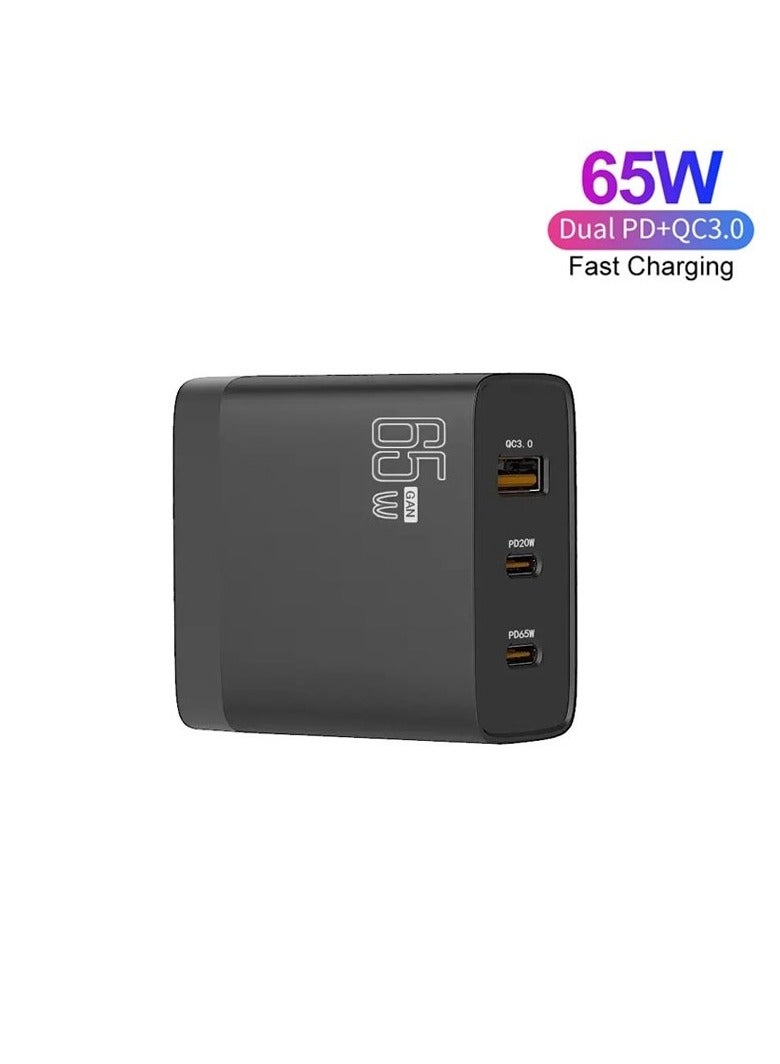 Terabyte محول لابتوب متعدد الاستخدامات 65 واط PD45 واط نوع-C مزدوج + QC3.0 USB مع قابس EU + US أسود - Image 2