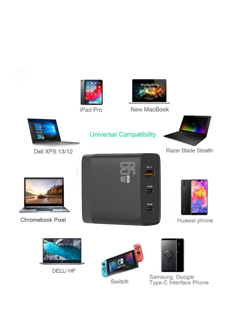 Terabyte محول لابتوب متعدد الاستخدامات 65 واط PD45 واط نوع-C مزدوج + QC3.0 USB مع قابس EU + US أسود - Image 3