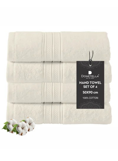 Donetella Premium 100 % Combed Cotton 4-Pcs Hand Towel Set (50 X 90 CM) 600 GSM Super Soft Hand Towel, Highly Absorbent, Quick Dry,Best Towel for Bathroom, Spa And Hotel,White