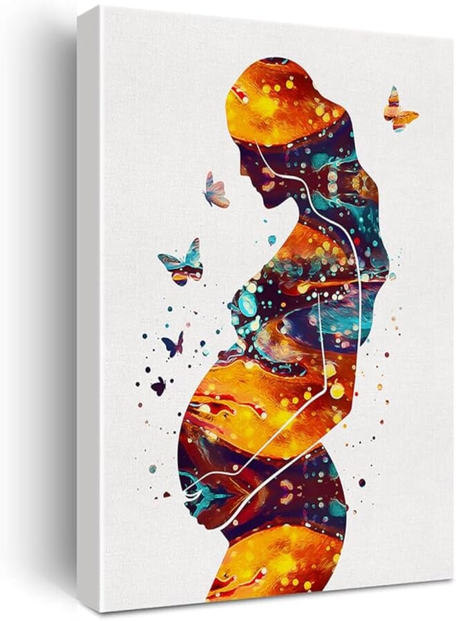 Nvhai Watercolor Pregnancy Art Canvas Painting Pregnant Woman With Child Prints Medical Art for Home Living Room Wall Decor Framed Obstetrics Artwork Gifts(12x15 Inch)