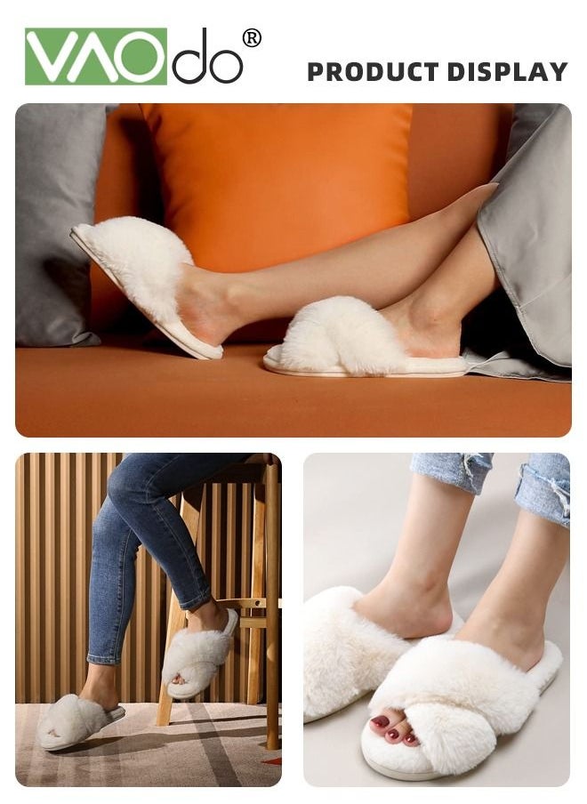 VAOdo - Womens Fuzzy Memory Foam Slippers Cross Band Cozy Plush Home Slippers Fluffy Furry Open Toe House Shoes Indoor Outdoor Slide Slipper White - Image 1