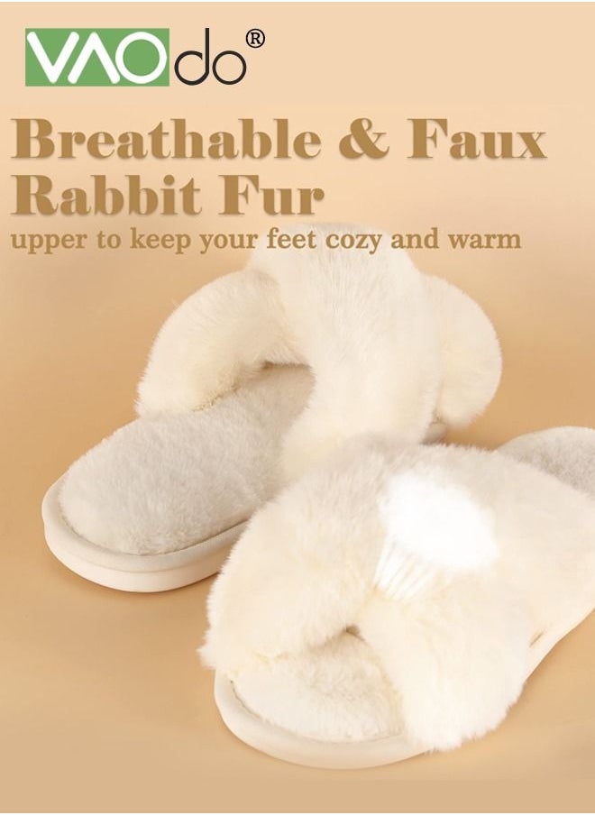 VAOdo - Womens Fuzzy Memory Foam Slippers Cross Band Cozy Plush Home Slippers Fluffy Furry Open Toe House Shoes Indoor Outdoor Slide Slipper White - Image 1