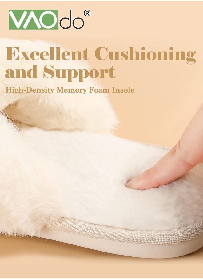 VAOdo - Womens Fuzzy Memory Foam Slippers Cross Band Cozy Plush Home Slippers Fluffy Furry Open Toe House Shoes Indoor Outdoor Slide Slipper White - Image 1