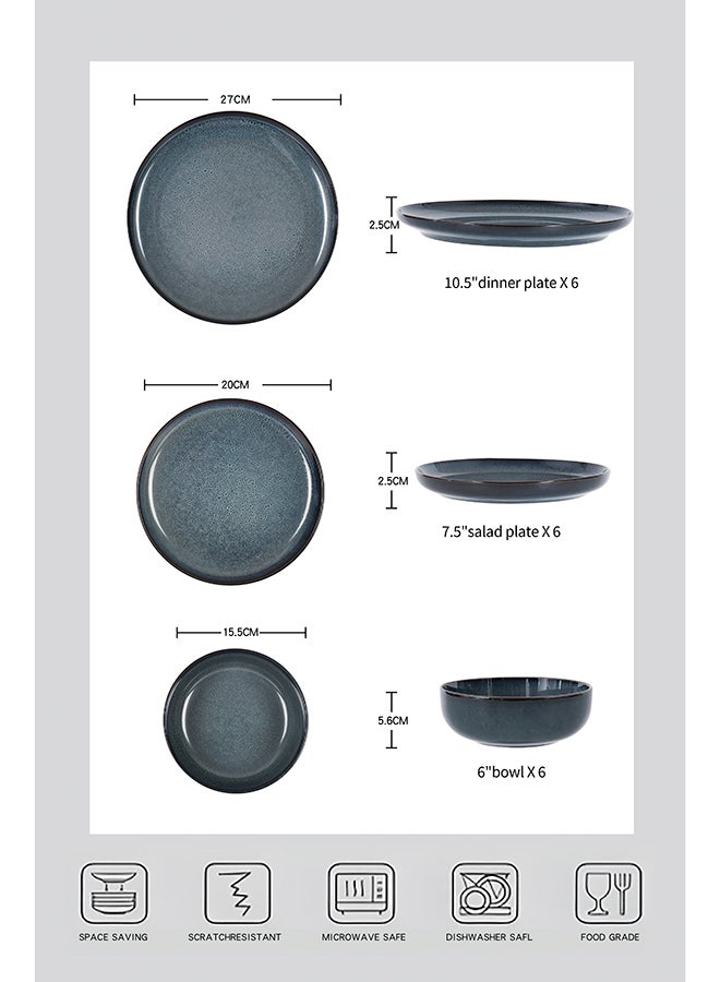 Noon East 18 piece Stoneware Reactive Glaze Dinnerware Set, Set for 6, Microwave & Dishwasher Safe, Glossy Blue - Image 3