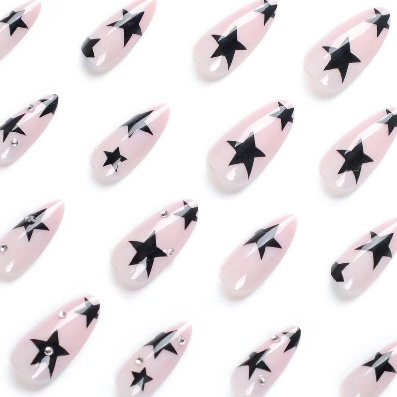 CTTHNBD Press on Nails Almond - Medium Fake Nails with Black Star Design - Rhinestone, Nude False Nails Press ons - for Women 24 Pcs - Image 4