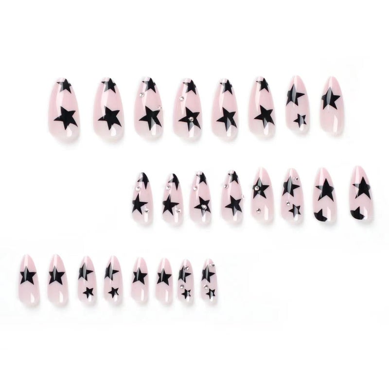 CTTHNBD Press on Nails Almond - Medium Fake Nails with Black Star Design - Rhinestone, Nude False Nails Press ons - for Women 24 Pcs - Image 5
