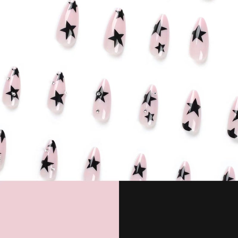 CTTHNBD Press on Nails Almond - Medium Fake Nails with Black Star Design - Rhinestone, Nude False Nails Press ons - for Women 24 Pcs - Image 3