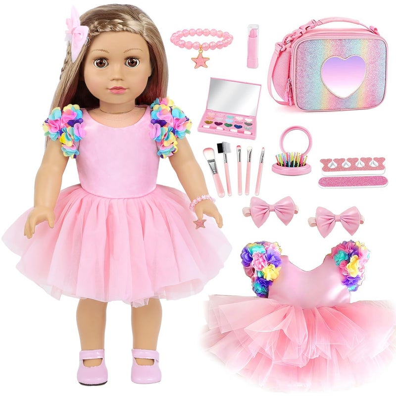 BDDOLL American 18 Inch Doll Clothes and Accessories Makeup Playset Fit 18 Inch Doll Including Fashion Skirt, Bag, Eye Shadow Plate, Lipstick, Comb Mirror, Pair of Hairpins, Makeup Brushes, Bracelet - Image 1