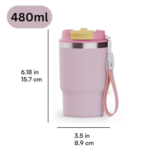 Wosta Travel Mug, Insulated Coffee Cup with Leakproof Lid,Vacuum Insulation Stainless Steel Reusable for Hot Cold Coffee, Non-Slip Protective Cover, (Pink, 479 Ml) - Image 2
