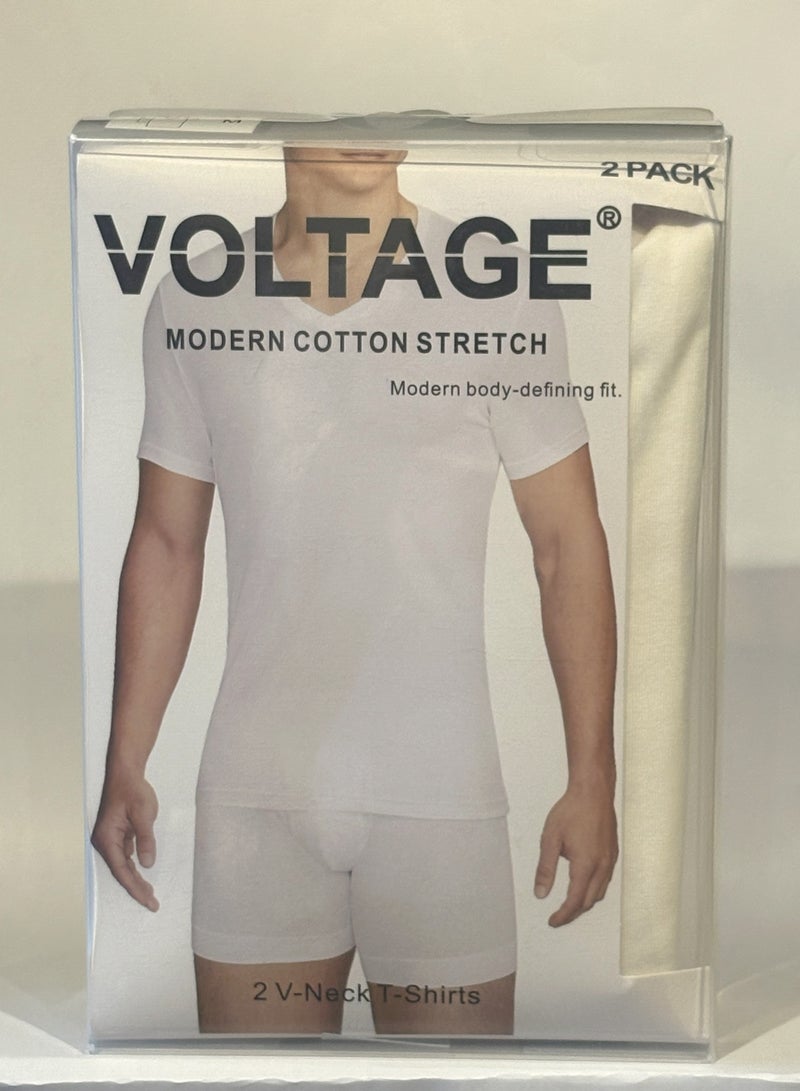 VOLTAGE V-Neck T-Shirts | Modern Cotton Stretch | 95% Cotton 5% Spandex | White | 2-Pack - Image 1