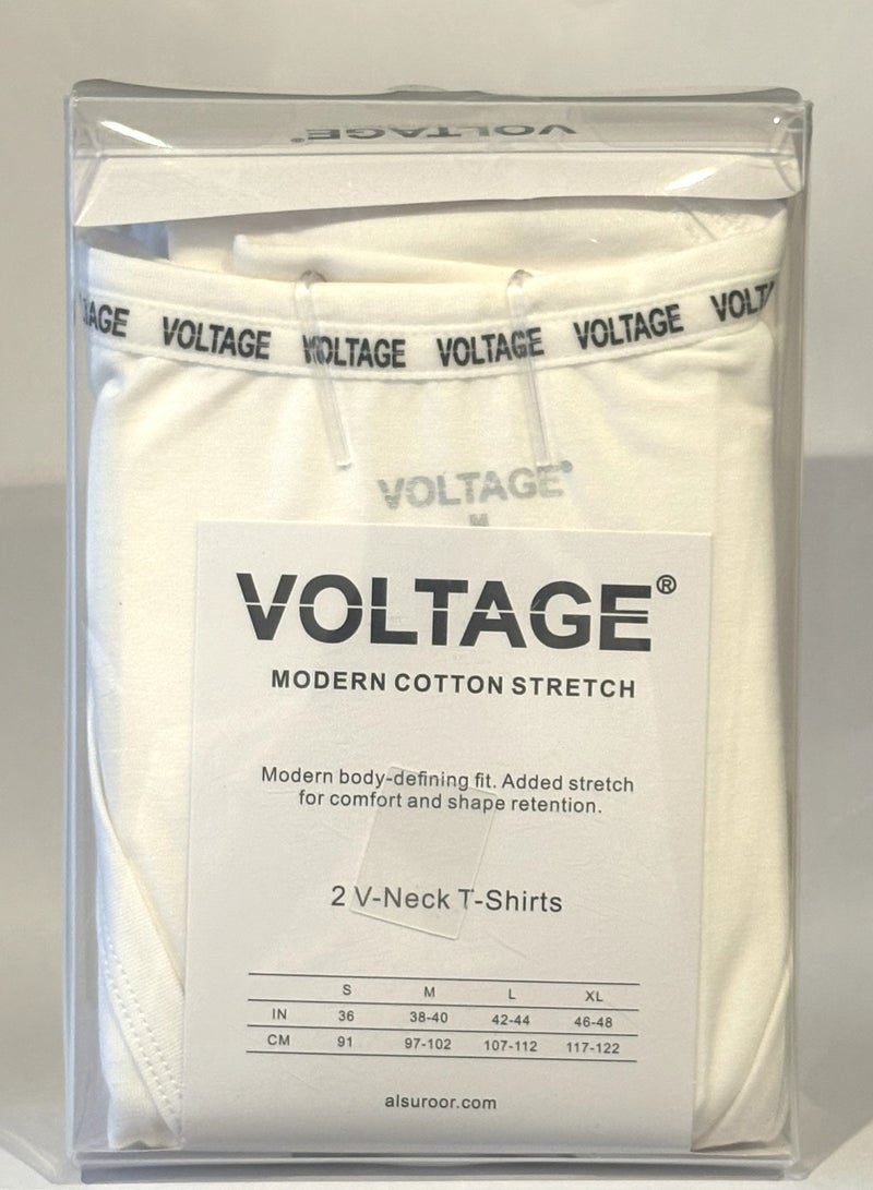 VOLTAGE V-Neck T-Shirts | Modern Cotton Stretch | 95% Cotton 5% Spandex | White | 2-Pack - Image 2