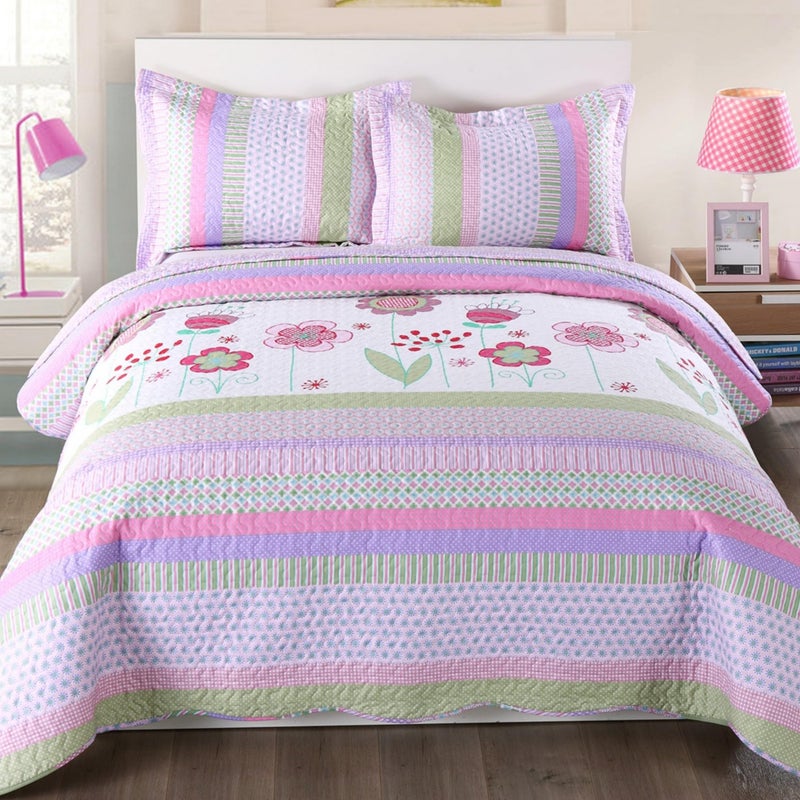 MarCielo MarCielo 3 Piece Kids Bedspread Quilts Set Throw Blanket for Teens Girls Bed Printed Bedding Coverlet Full Size Purple Floral Striped Full 