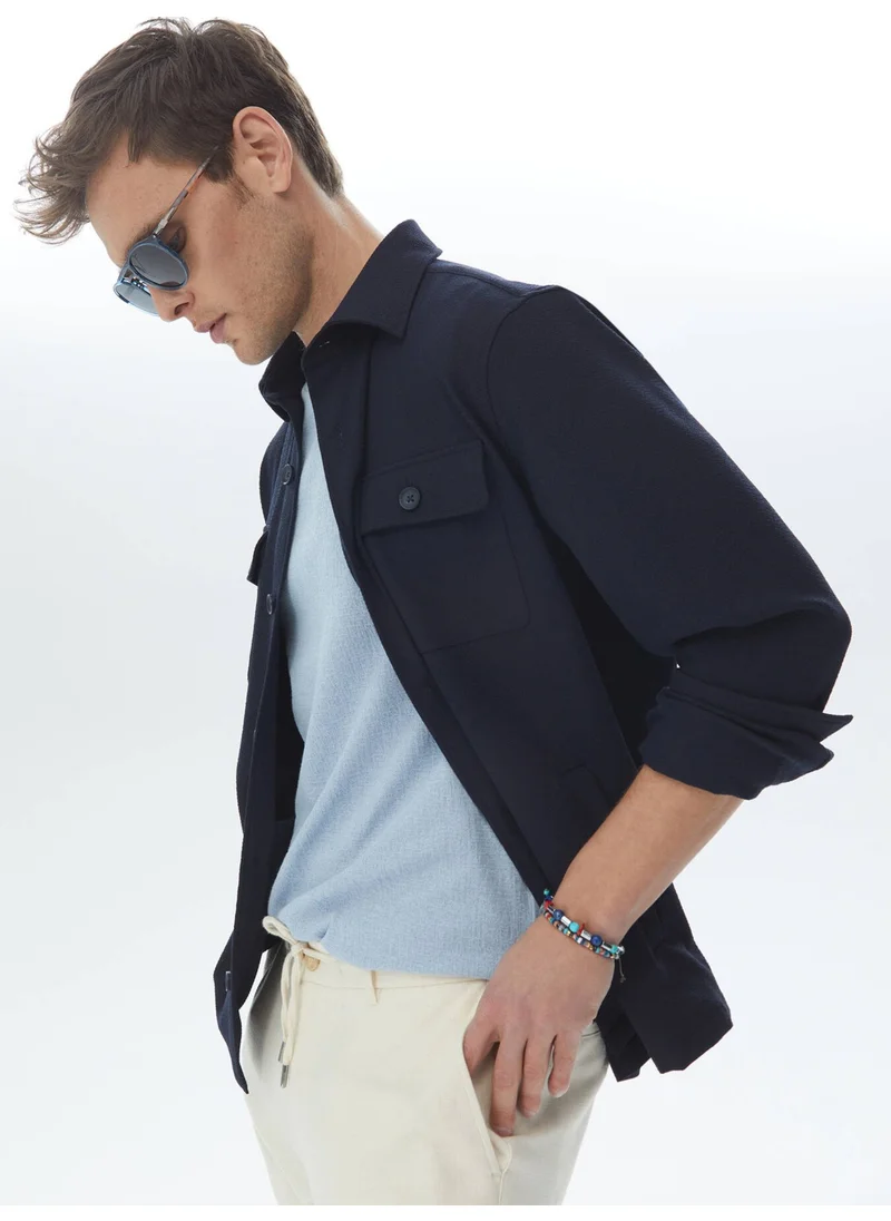 Kip Navy Blue Plain Regular Fit Overshirt