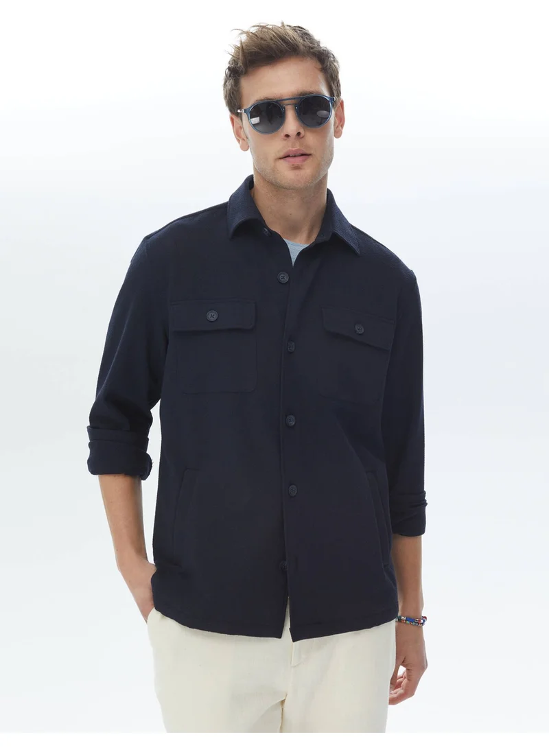 Kip Navy Blue Plain Regular Fit Overshirt