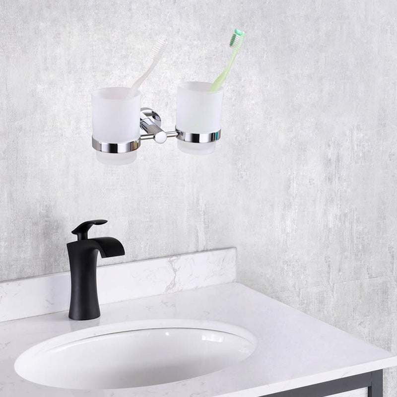 Angle Simple Double Toothbrush Holder, Angle Simple Stainless Steel Toothbrush Holder Rinsing Cups Drinking Glass Toothbrush Mug Hanger Toothpaste Razor Holder Bathroom Accessories, Chrome - Image 3