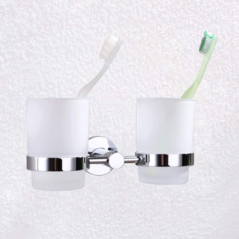 Angle Simple Double Toothbrush Holder, Angle Simple Stainless Steel Toothbrush Holder Rinsing Cups Drinking Glass Toothbrush Mug Hanger Toothpaste Razor Holder Bathroom Accessories, Chrome - Image 4