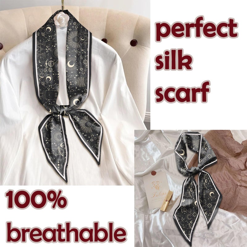 BHAHB Hair Head Scarf Silk Feeling Long Satin Neck Scarves for Handbag Cute Aesthetic Decoration Women Girls 59 * 6.7''-Moon Star - Image 5