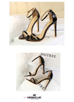 BIGTREE 11cm Stylish High Heels Patent Leather Open-Toe Sandals For Summer Black  - Image 2