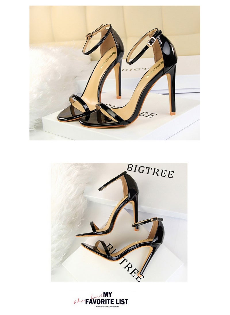 BIGTREE - 11cm Stylish High Heels Patent Leather Open-Toe Sandals For Summer Black - Image 1