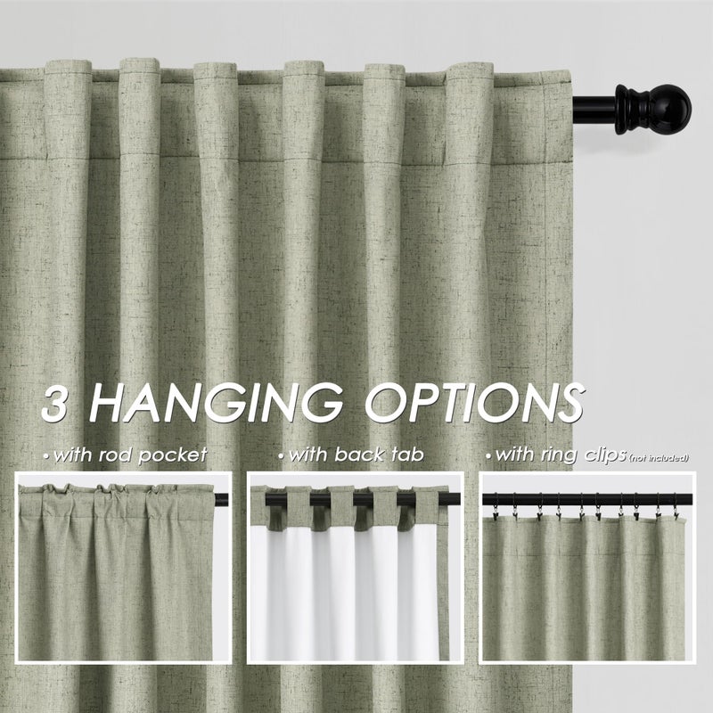 Nanspring Sage Green Blackout Curtains 96 Inches Long For Bedroom Linen Blend Back Tab Darkening Drapes For Living Room Elegant Modern Style Black Out Curtains 2 Panels Sound Proof Curtains For Window 52X96 - Image 3