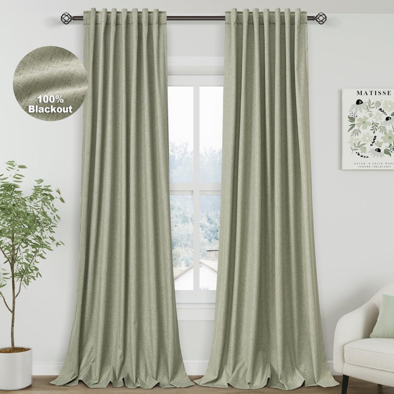 Nanspring Sage Green Blackout Curtains 96 Inches Long For Bedroom Linen Blend Back Tab Darkening Drapes For Living Room Elegant Modern Style Black Out Curtains 2 Panels Sound Proof Curtains For Window 52X96 - Image 1