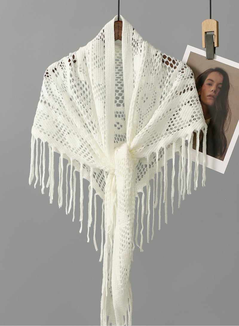 New Women Solid Color Triangle Tassel Knit Scarf, Cashew Pattern Plain Knitted Wrap Triangle Shawl  - Image 1