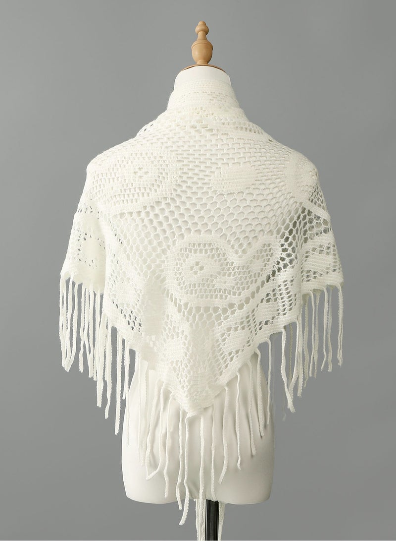 New Women Solid Color Triangle Tassel Knit Scarf, Cashew Pattern Plain Knitted Wrap Triangle Shawl  - Image 3