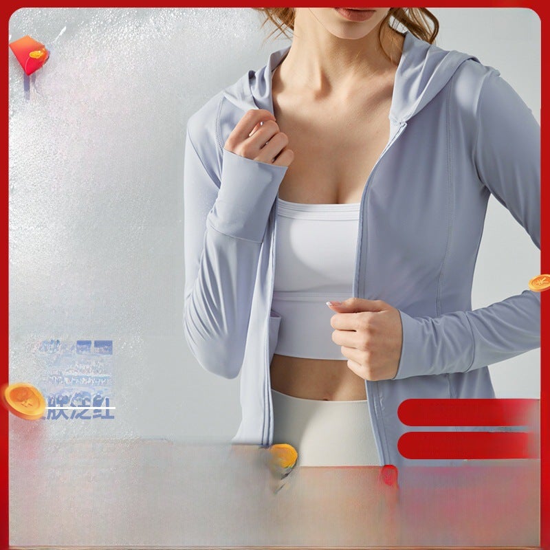 اسم المحتوى ناريلا Summer Hooded Slim Sunscreen Lightweight UV Protection Yoga Top Iceland Blue - Image 2