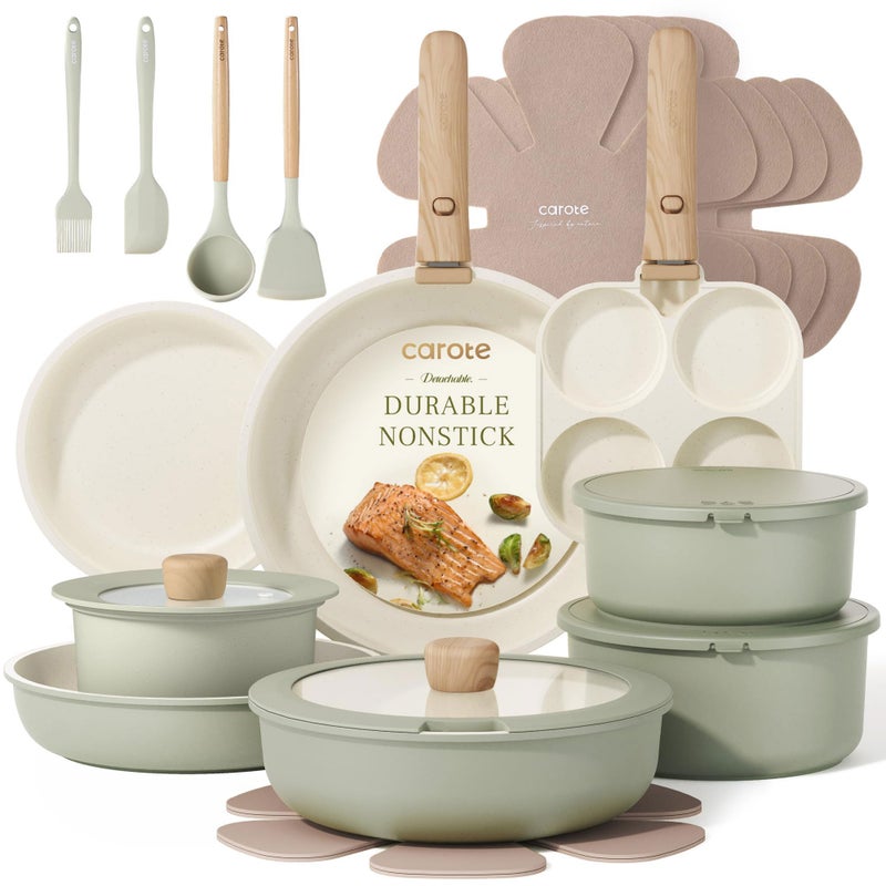 CAROTE 25pcs Pots and Pans Set Non Stick, Cookware Sets, Kitchen Set, Oven/Dishwasher/Fridge Safe, Space Saving Pots Set, Nonstick Set with Versatile Detachable Handle, Induction RV Set, Green - Image 1