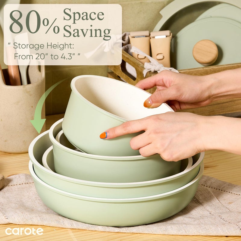 CAROTE 25pcs Pots and Pans Set Non Stick, Cookware Sets, Kitchen Set, Oven/Dishwasher/Fridge Safe, Space Saving Pots Set, Nonstick Set with Versatile Detachable Handle, Induction RV Set, Green - Image 5
